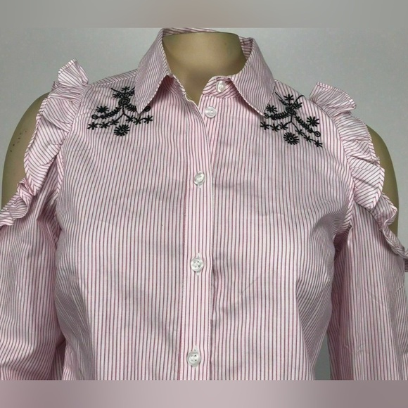 Nanette Lepore Cold Shoulder Pink Striped ButtonUp Top, Ruffled & Embroidered - Picture 3 of 10